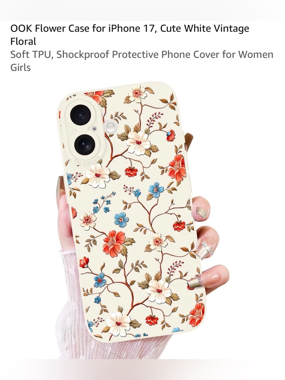 📱Flower case for. IP 17 white vintage floral shockproof soft TPU